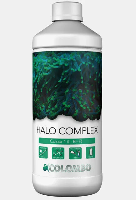 Bouteille de solution Halo Complex pour aquarium récifal, étiquette verte et coraux illustrés.