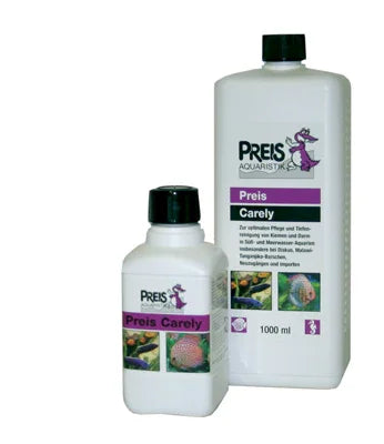 Deux bouteilles de solution Preis Carely pour entretien d’aquarium récifal, décors poissons.