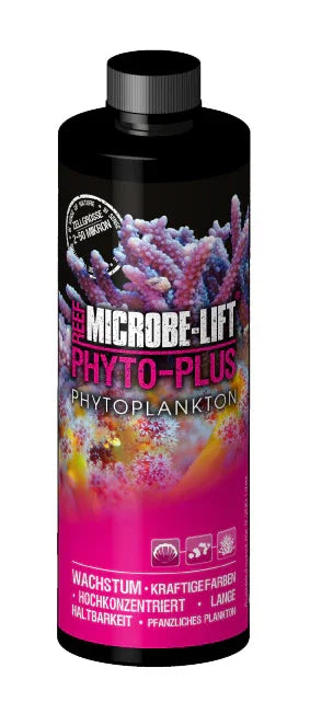 Bouteille de phytoplancton pour aquarium récifal MICROBE-LIFT Phyto-Plus, coraux colorés en arrière-plan.