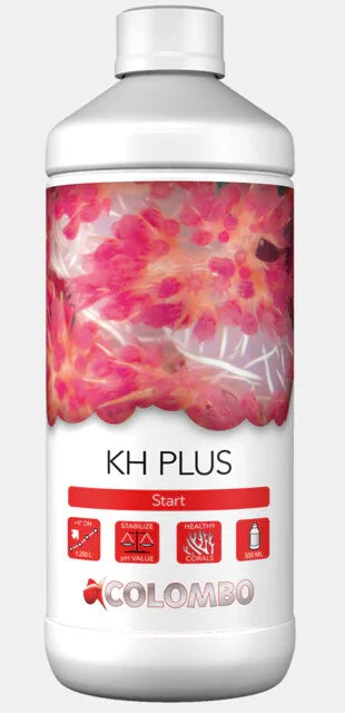 Flacon de KH Plus 500 ml pour aquarium, décor corallien, stabilisateur pH, Colombo visible.