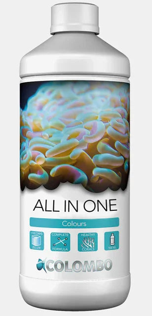 Bouteille d’engrais aquarium récifal All In One Colombo 500ml, corail coloré en étiquette.