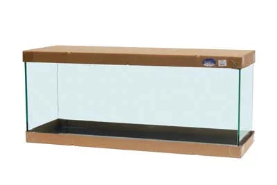 Aquarium rectangulaire en verre vide avec cadre marron, idéal pour récifal ou eau douce