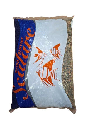 Sachet de gravier aquarium Scalare, décor naturel, granulométrie visible, poissons illustrés