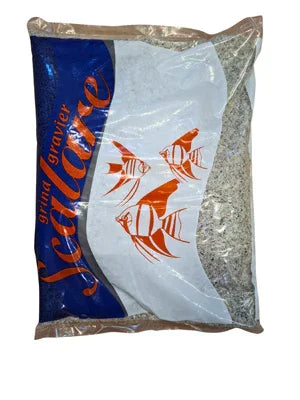 Sac de gravier aquarium Scalare, fond blanc et bleu, illustration poissons rouges