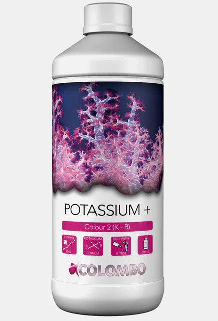 Bouteille de complément Potassium+ pour aquarium, coraux roses en illustration, 500 ml