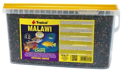 Malawi Chips Tropical nourriture pour poissons d'aquarium eau douce, granulés colorés dans contenant transparent