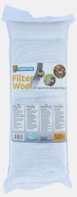 Laine de filtration blanche 500g pour filtres d'aquarium et bassin, emballage transparent.