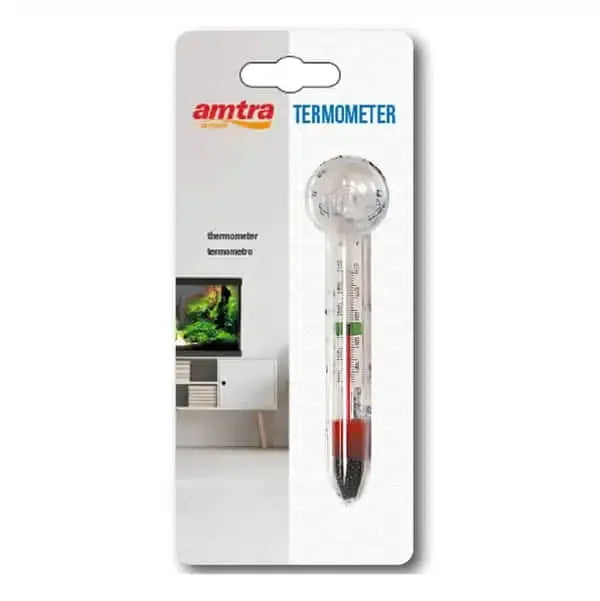 Thermomètre flottant ventouse pour aquarium eau douce ou récifal, emballage visible.