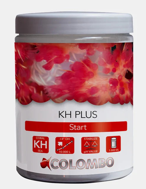 Pot de KH Plus Colombo, additif poudre aquarium récifal, fond corail rouge, étiquette détaillée.