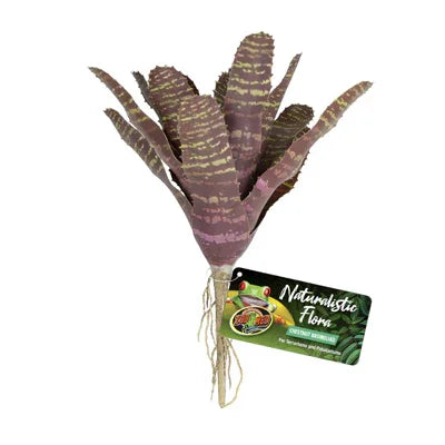 Plante artificielle pour aquarium, feuilles longues violettes et étiquette verte, décoration aquatique.