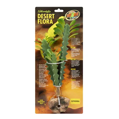 Plante artificielle Euphorbia pour aquarium, décor désertique, fond marron, emballage visible