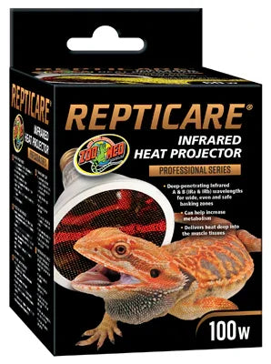 Boîte d'une lampe chauffante infrarouge pour terrarium, puissance 100W, avec un lézard illustré.