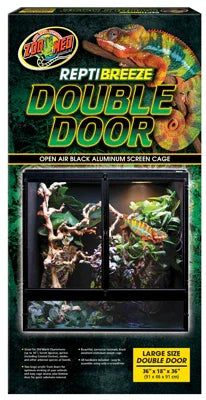 ReptiBreeze Double Door cage for reptiles, black aluminum screen with open-air design, ideal for terrarium setups.