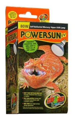 Boîte d’ampoule UVB Powersun 80W pour reptiles, avec image d’un lézard exotique orange.