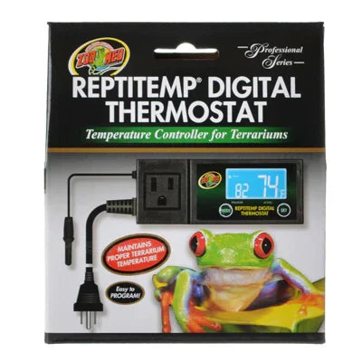 Thermostat numérique pour terrarium avec écran LCD, prise et grenouille colorée sur l'emballage