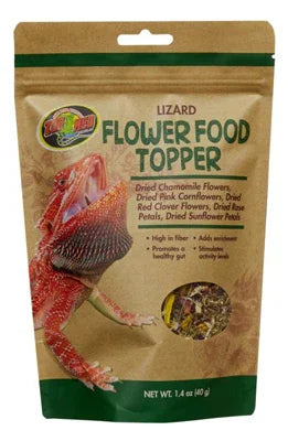 Sachet de nourriture pour lézards avec fleurs séchées, image d'un lézard en gros plan.