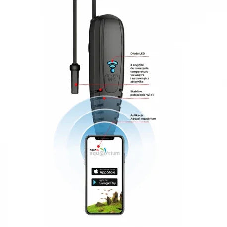 Thermomètre connecté aquarium avec sonde, connectivité Wi-Fi et application mobile visible.