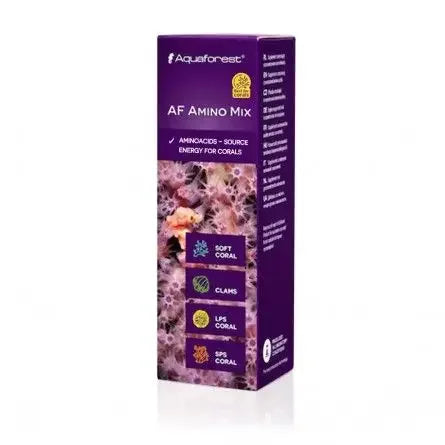 Boîte violette de supplément concentré AF Amino Mix 10ml pour coraux d’aquarium récifal.