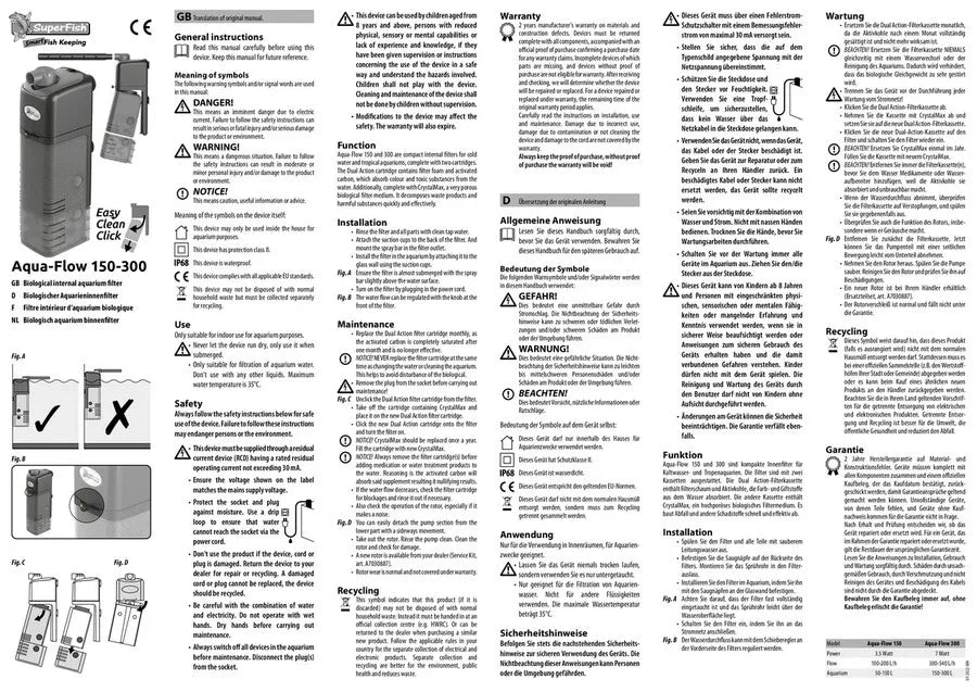 Filtre intérieur pour aquarium, instructions multilingues, appareil noir, iconographie de sécurité.