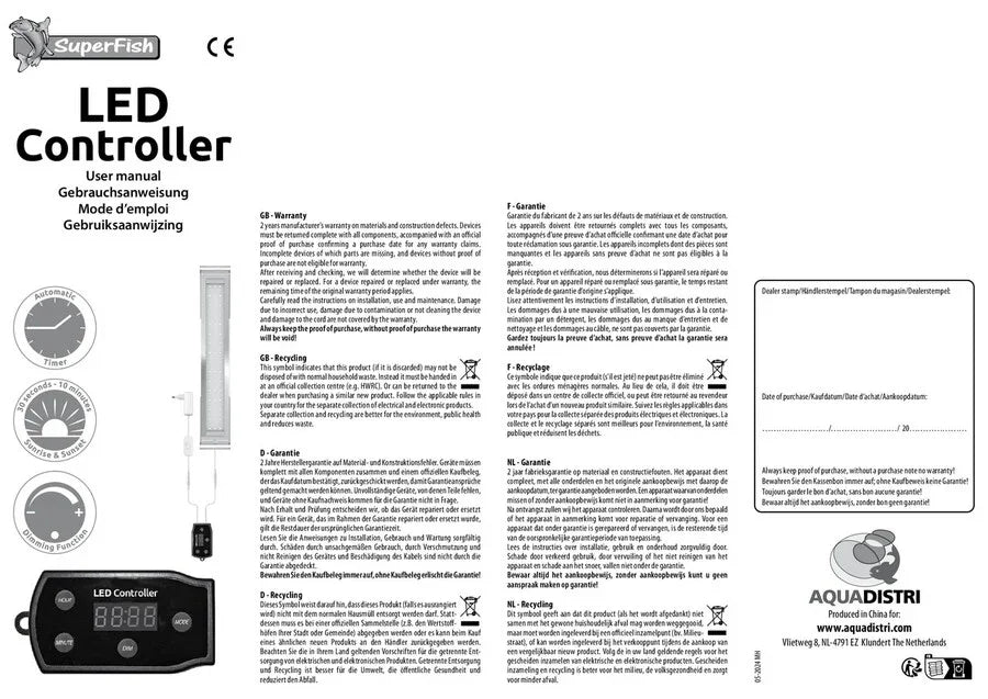 Manuel d'utilisation contrôleur LED aquarium, instructions, garantie, recyclage, SuperFish