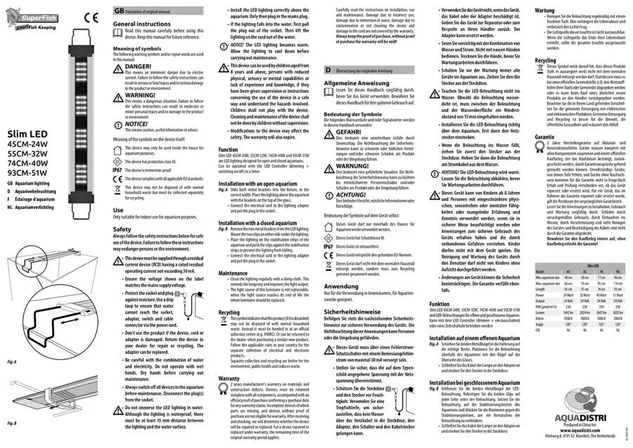 Notice d'installation Slim LED pour aquarium, schémas de montage et consignes de sécurité, éclairage aquariophile.