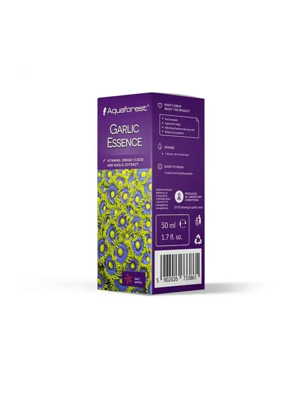 Boîte violette de 50ml d'essence d'ail pour aquarium récifal, décor corail jaune-vert.