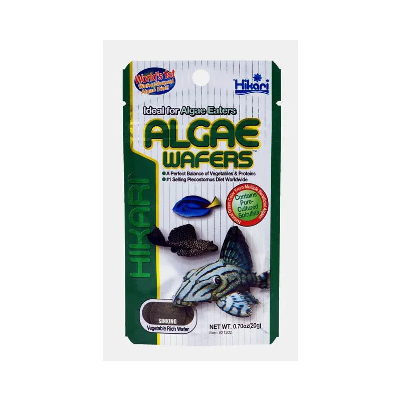 Sachet de nourriture pour poissons d’aquarium Hikari Algae Wafers, illustrations de poissons tropicaux.