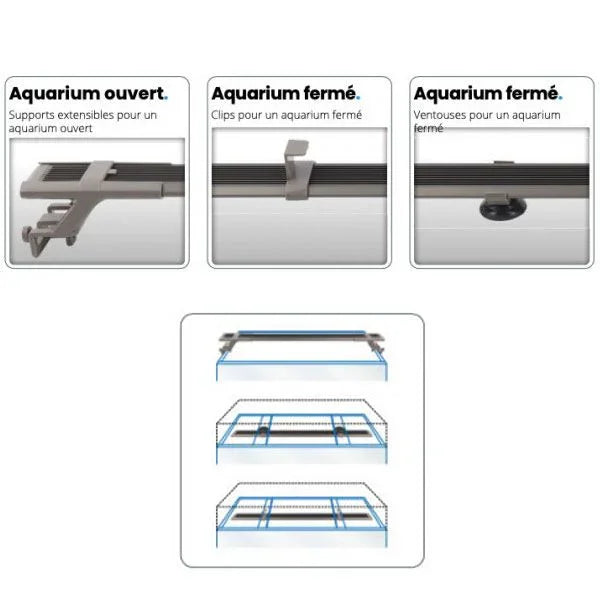 Supports, clips et ventouses pour fixer une lampe LED d’aquarium sur aquarium ouvert ou fermé