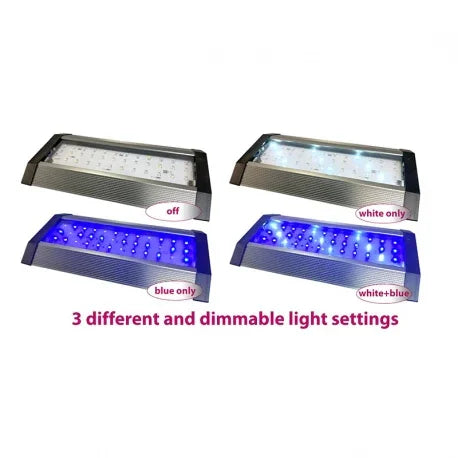 Lampe LED aquarium avec réglages lumière blanche, bleue et combinée, éclairage dimmable.