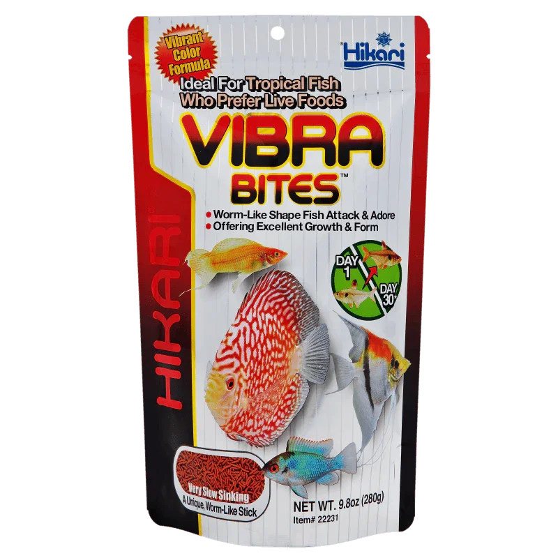 Sachet de nourriture pour poissons tropicaux Hikari Vibra Bites, illustration de poissons colorés