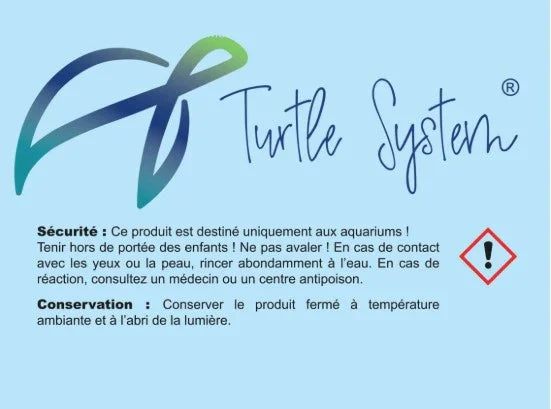 Notice de sécurité Turtle System pour aquarium, texte d'avertissement sur fond bleu, icône danger.