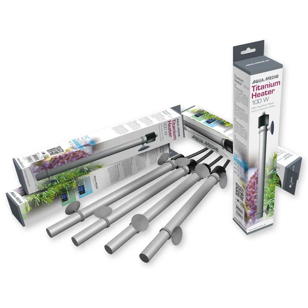 Chauffage en titane pour aquarium, tubes gris avec ventouses, emballages visibles
