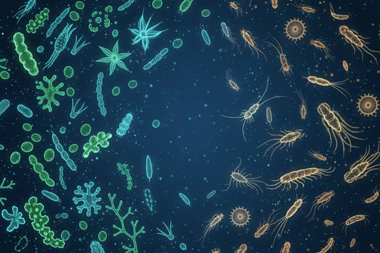 Illustration comparant phytoplancton vert et zooplancton beige pour aquarium récifal.