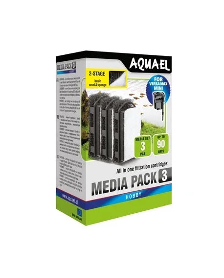 Boîte Aquael Media Pack 3, cartouches de filtration pour aquarium, mousse et laine, compatible Versamax Mini.