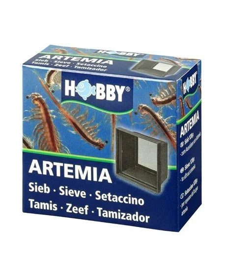 Boîte de tamis pour artémias, accessoire matériel aquarium récifal, fond bleu, crevettes dessinées.